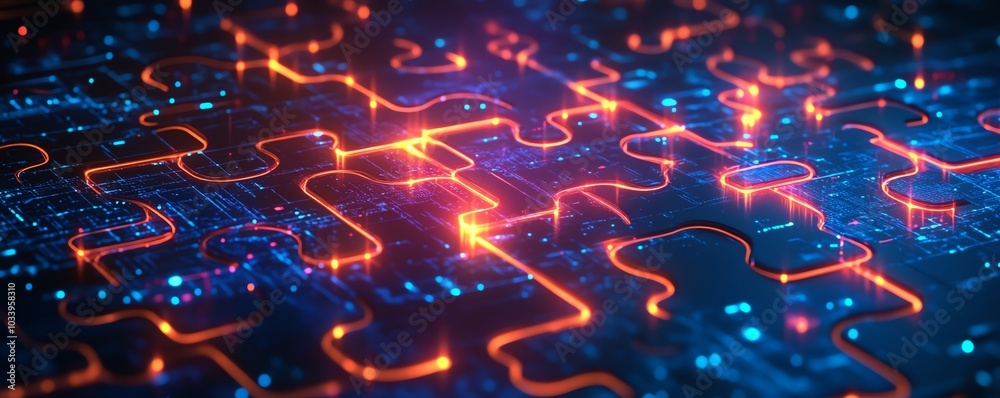 Poster Modern graphic representation of API integration, showcasing interlocking puzzle pieces with glowing edges on a hightech abstract background to illustrate interoperability