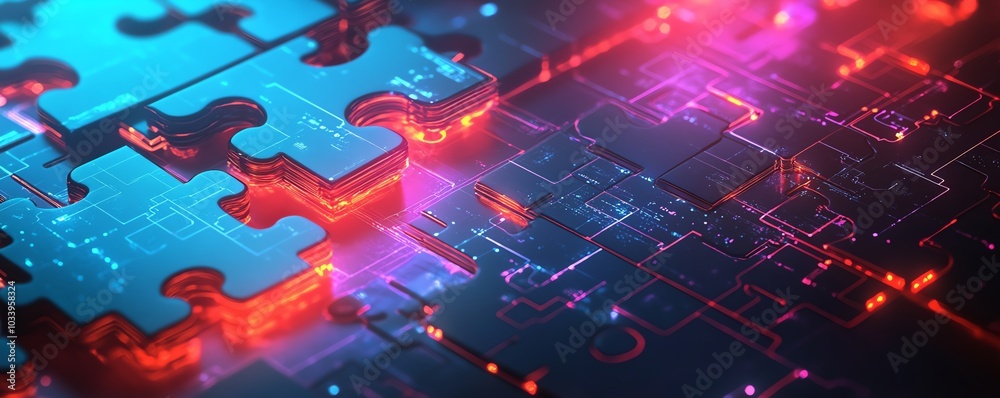 Poster Modern graphic representation of API integration, showcasing interlocking puzzle pieces with glowing edges on a hightech abstract background to illustrate interoperability