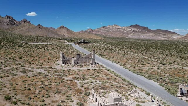 Ruins in ghost town called Rhyolite. Aerial view. Nevada, USA. 