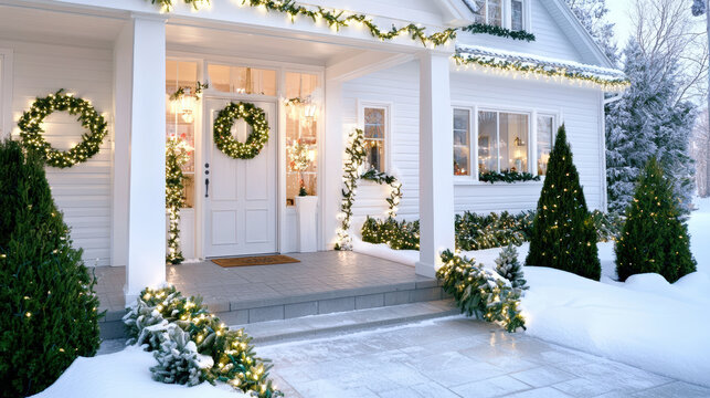 beautifully decorated home entrance adorned with Christmas lights and wreaths, creating warm and inviting atmosphere during winter season