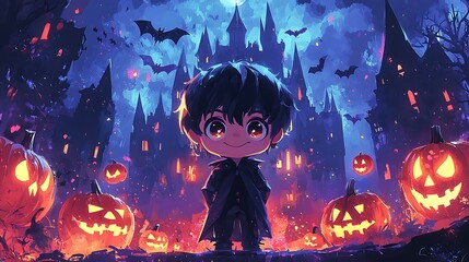 Obraz premium Cute Chibi Vampire Boy in Spooky Halloween Scene
