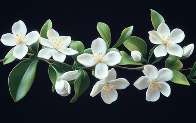Obraz premium Realistic jasmine flower cluster set against a dark background, emphasizing the contrast and elegance of the blossoms