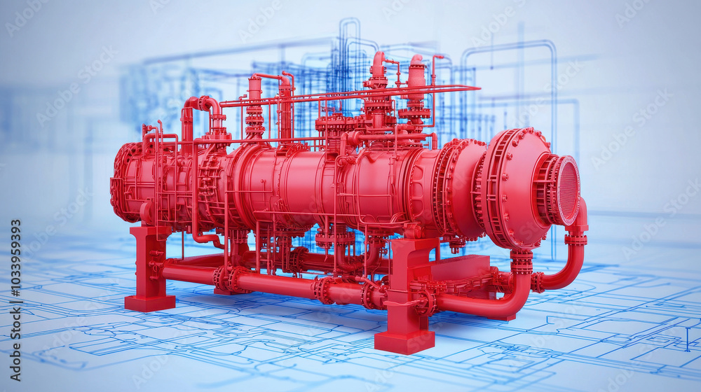 Poster Industrial equipment visualization a detailed 3d representation of a complex machinery system with technical blueprints in the background