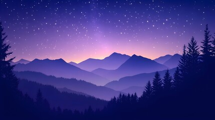 A purple sky with stars, a forest on the horizon, in the style of cartoon style, in the style of vector graphics