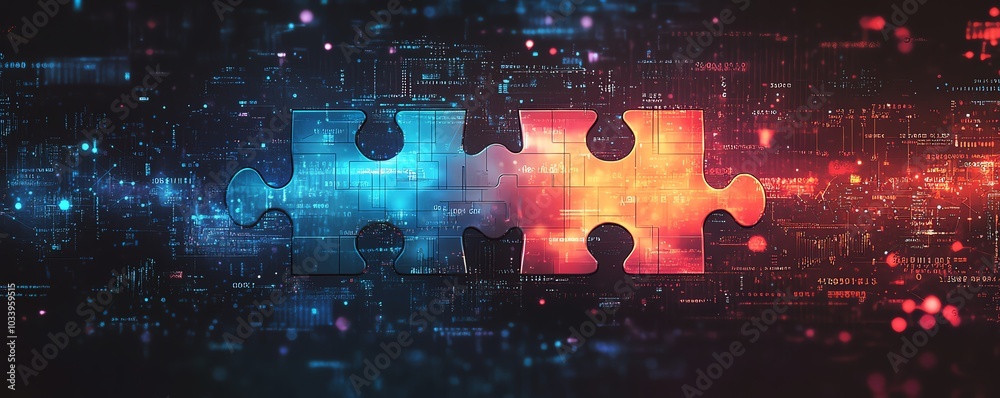 Aufkleber Stylized digital representation of API integration, highlighting interlocking puzzle pieces overlaid on an abstract background filled with binary code and tech elements