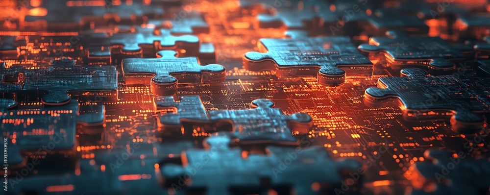 Aufkleber Stylized digital representation of API integration, highlighting interlocking puzzle pieces overlaid on an abstract background filled with binary code and tech elements