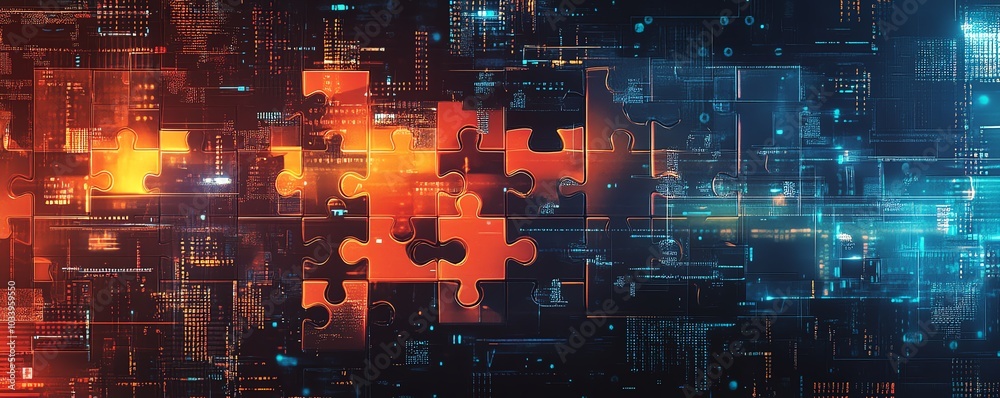 Aufkleber Stylized digital representation of API integration, highlighting interlocking puzzle pieces overlaid on an abstract background filled with binary code and tech elements
