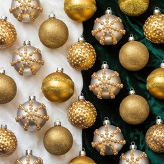 Elegant gold Christmas baubles and silver snowflake ornaments are scattered in a luxurious flat lay on a contrasting white and deep green velvet holiday background.