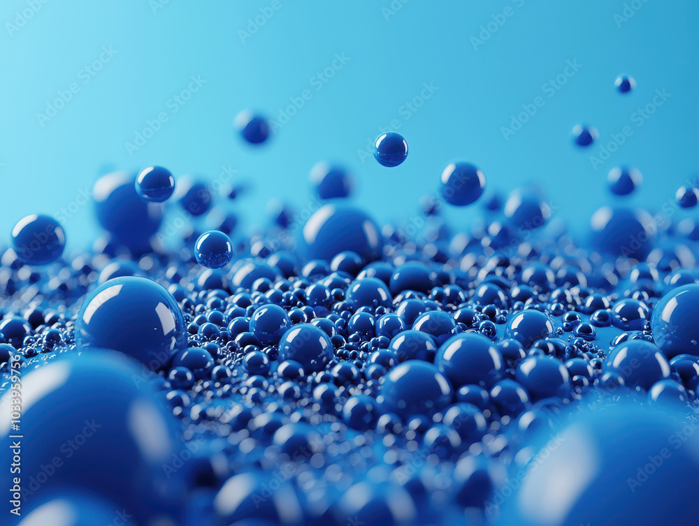 Poster vibrant blue spheres in motion an eye-catching abstract representation of fluid dynamics and surface