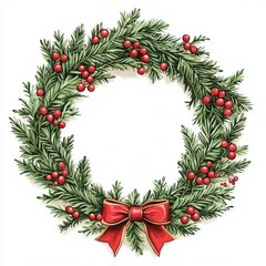 A wreath of evergreen branches with red berries and a red ribbon