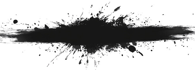 Black ink splatter banner, horizontal streaks isolated on a white background.
