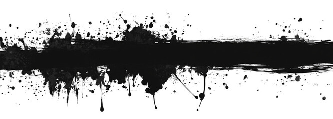 Black ink splatter banner, horizontal streaks isolated on a white background.
