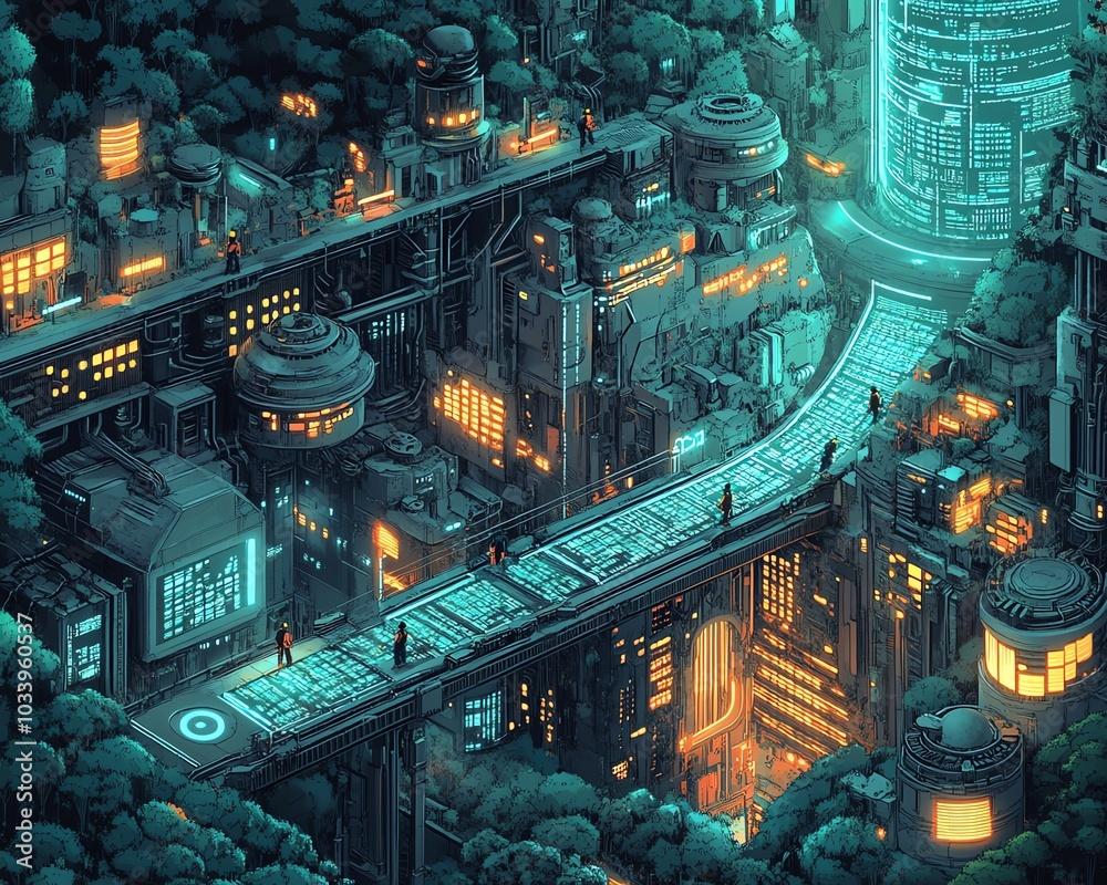 Aufkleber Visual metaphor for big data integration, showcasing data engineers navigating a complex landscape of data sources and technologies to achieve seamless connectivity