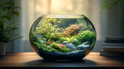 A serene underwater world recreated inside a glass terrarium, featuring vibrant aquatic plants and smooth stones, light reflecting off the glass and casting subtle shadows,