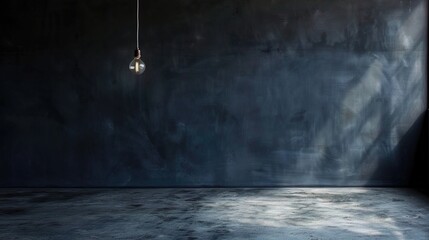 Dark empty room with single flickering light bulb casting long shadows, emphasizing absence of power and eerie atmosphere, minimalist setting with focus on light bulb's glow.
