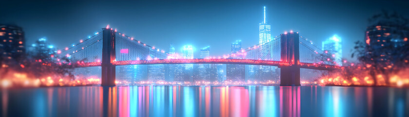 Floating Bridge Symbolizing Profits and Community: Abstract Skyscraper and Neighborhood Islands - ESG Compromise in Business Journey, Bokeh Background - Photo Stock Concept