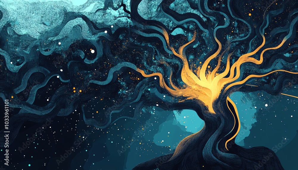 Fototapete Visual representation of chaotic management, featuring a complex and messy decision tree overflowing with tangled branches and unclear paths, symbolizing poor organization