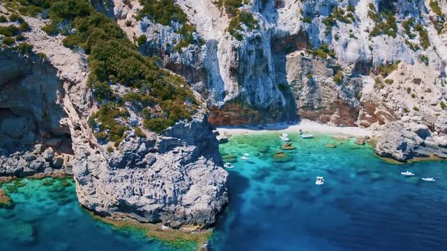 Best and most beautiful beaches of Sardinia island (Italy). Aerial panoramic drone view of white sandy beach, caves and turquoise sea. high angle 4khd video