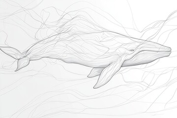 Fototapeta premium Outlined whale swimming gracefully on a white background.