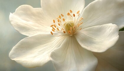 Artful closeup of a jasmine flower, highlighting its soft white petals and rich fragrance, ideal for botanical art and floral photography