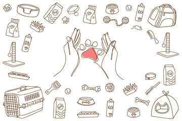 Hand drawn pet shop assortment in doodle style. Vector illustration