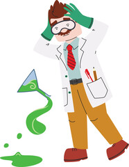 Scientist spilled flask of chemical liquid. Male character in linear flat style.