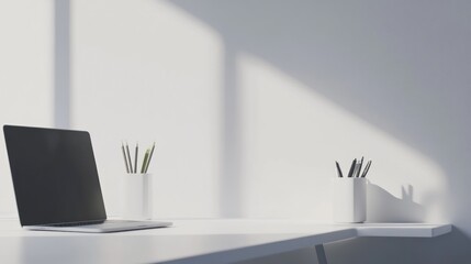 Minimalist White Desk with Laptop and Pencils