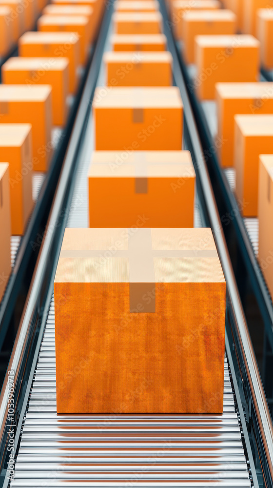 Poster Streamlined logistics the efficient flow of orange packages through automated conveyor systems in modern warehouses
