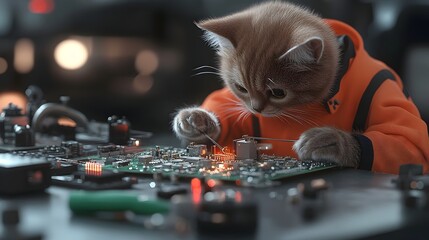 Curious Kitten Exploring Advanced Electronics Circuit Board
