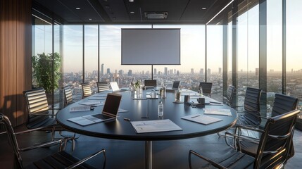 corporate meeting room featuring a long table, whiteboard with markers,