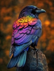 Colorful Raven Perched on a Log During Autumn