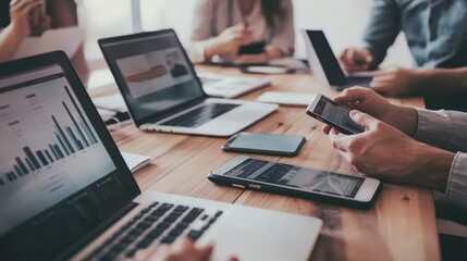 A group of marketing professionals discussing digital marketing strategies, with laptops and smartphones on the table