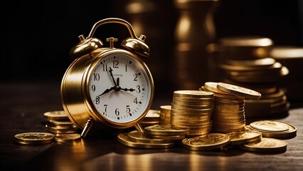 Time is money and time is precious illustrated by a clock surrounded by stacks of gold coin. Reminding us to value time.