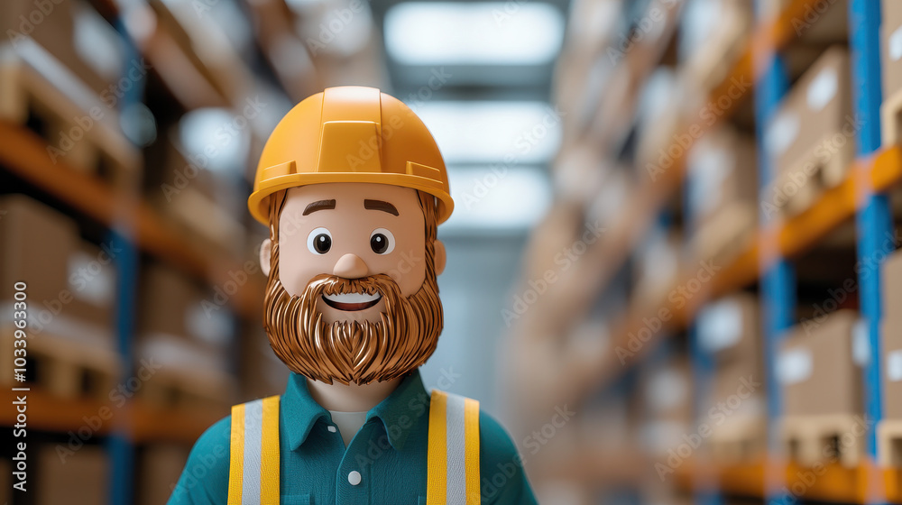 Poster friendly warehouse worker character smiling in industrial setting surrounded by cardboard boxes and 