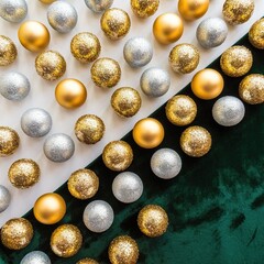 Fototapeta premium Diagonal holiday pattern of glittering gold and silver Christmas ornaments on a contrasting background of deep green velvet and bright white.