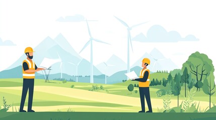 Obraz premium Engineers discussing wind energy project in green landscape, white isolate background