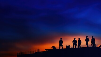 Naklejka premium Silhouettes of Construction Workers at Sunset