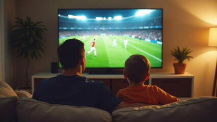 Father and son watching football match on tv at home on sofa in living room