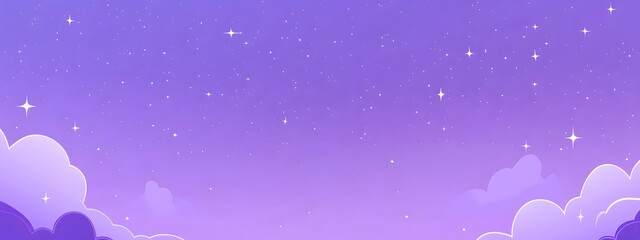 Dark purple background, cartoon-style illustration with simple clouds and stars, cute clouds, purple sky, pink sunset