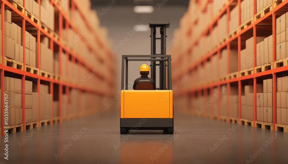 Poster Efficient warehouse operations a forklift in action amidst stacked boxes for optimal inventory management