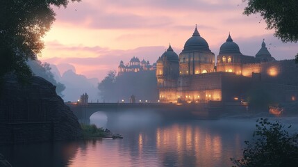 Fototapeta premium A majestic view of a historic pilgrimage site at dusk, with soft lighting and a calm atmosphere