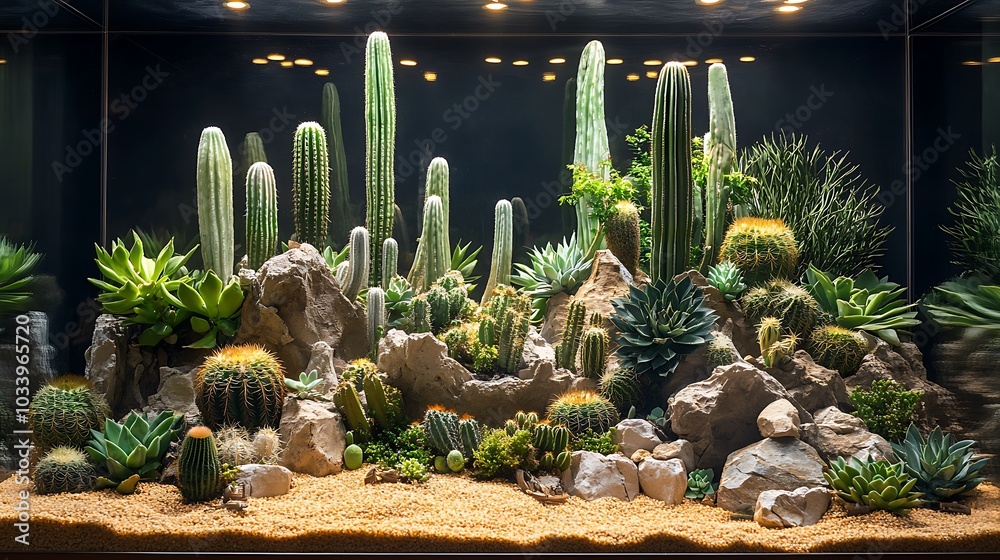 Poster A sprawling terrarium with a desert theme, featuring tall cacti and small succulents surrounded by smooth stones and sandy textures, the glass container reflecting soft sunlight,