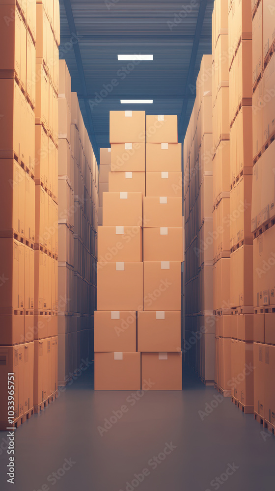 Poster Efficient storage solutions organizing warehouse inventory with stacked boxes for optimal space utilization and accessibility