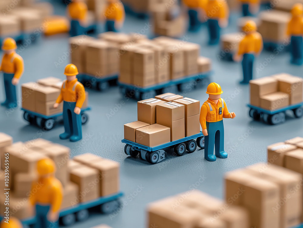 Poster Efficient logistics miniature workers transporting packages in a warehouse setting with boxes and carts