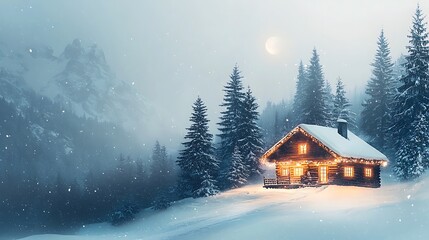 Snow-Covered Mountain Cabin in Watercolor Style