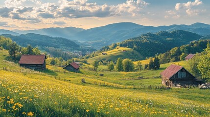 Obraz premium Picturesque Mountain Landscape with Rustic Cabins
