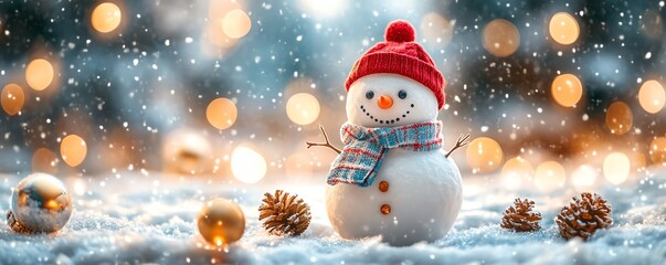 Fototapeta premium Festive snowman in a bright wool hat and scarf, surrounded by glimmering bokeh lights on a snowy scene, radiating a cheerful winter vibe