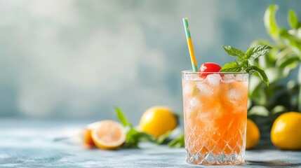 A mocktail in a stylish glass with a colorful straw, set against a backdrop of fresh ingredients