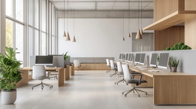 A modern office space with open workstations, natural light, and a collaborative atmosphere
