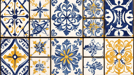 Blue and Yellow Floral Tiles    Vintage Portuguese Pattern Design